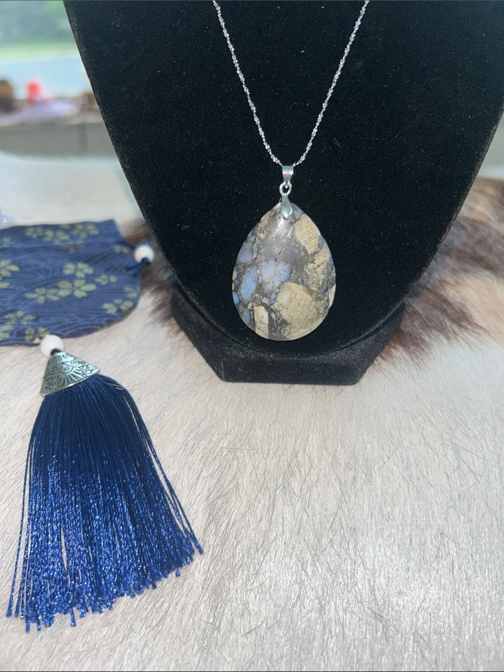 Teardrop Llanite Stone Pendant Necklace Stainless Steel Chain Hangs at 11” NWOT